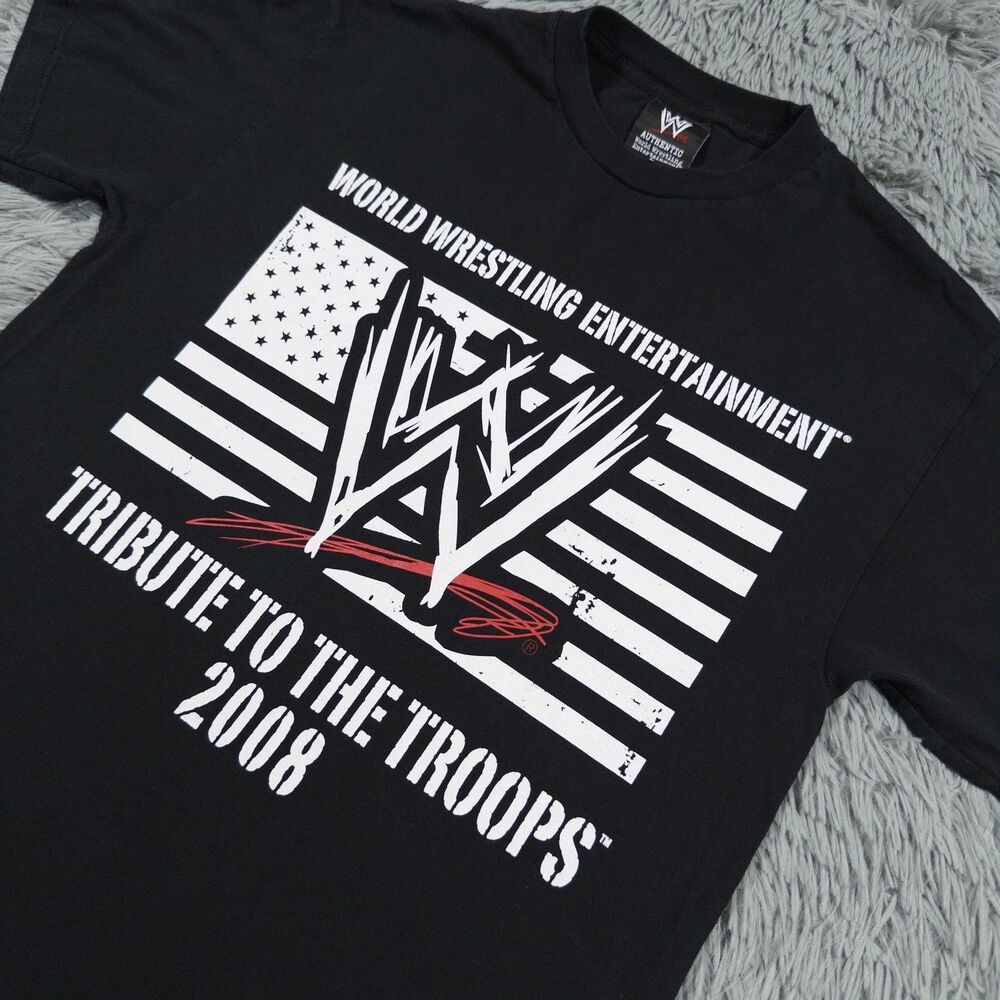 WWE Shirt Large Black White Tribute To The Troops Signed Y2K Pullover Tee Mens